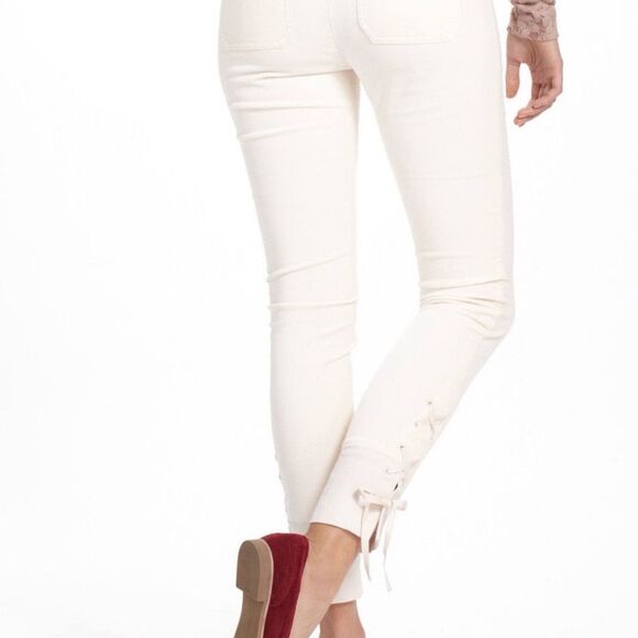 Anthropologie Leifsdottir Cream Cropped Pants with Lace Up Hem - Picture 2 of 8